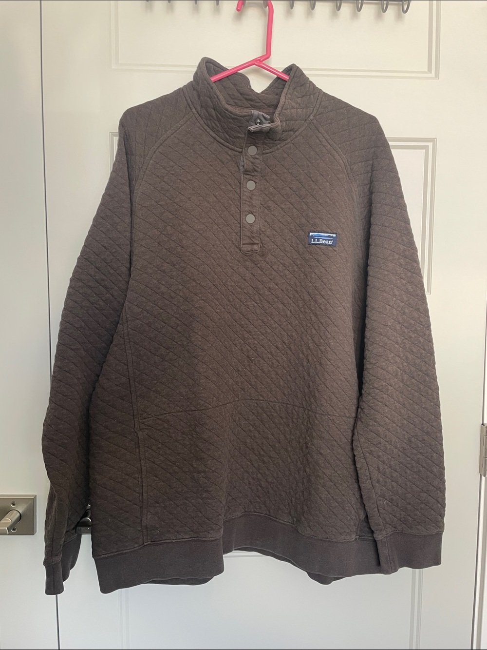 L.L. Bean Quilted Snap-Placket Crewneck Sweater - Brown